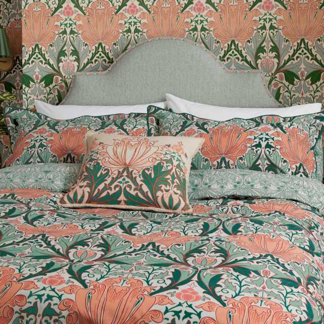 Morris & Co Helena Single Duvet Cover Set, Peach & Teal - image 1