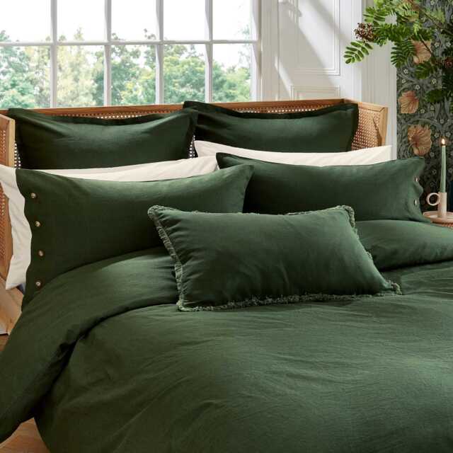 William Morris Linen Cotton Plain Dye Double Duvet Cover, Green - image 1