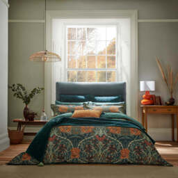 Morris & Co Honeysuckle & Tulip Super Kingsize Duvet Cover Set, Mulberry & Teal - thumbnail 2
