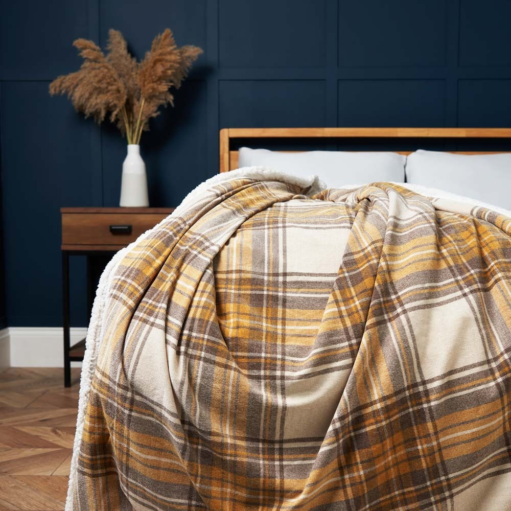 Luxury Warm Check Throw with Sherpa, Ochre - image 1