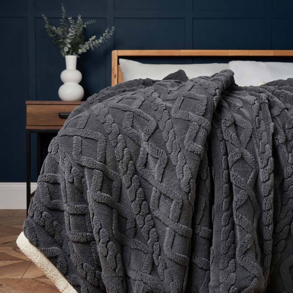 Cable Knit Throw with Sherpa Backing, Charcoal - image 1
