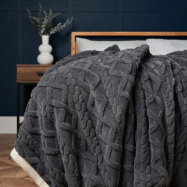 Cable Knit Throw with Sherpa Backing, Charcoal - thumbnail 1