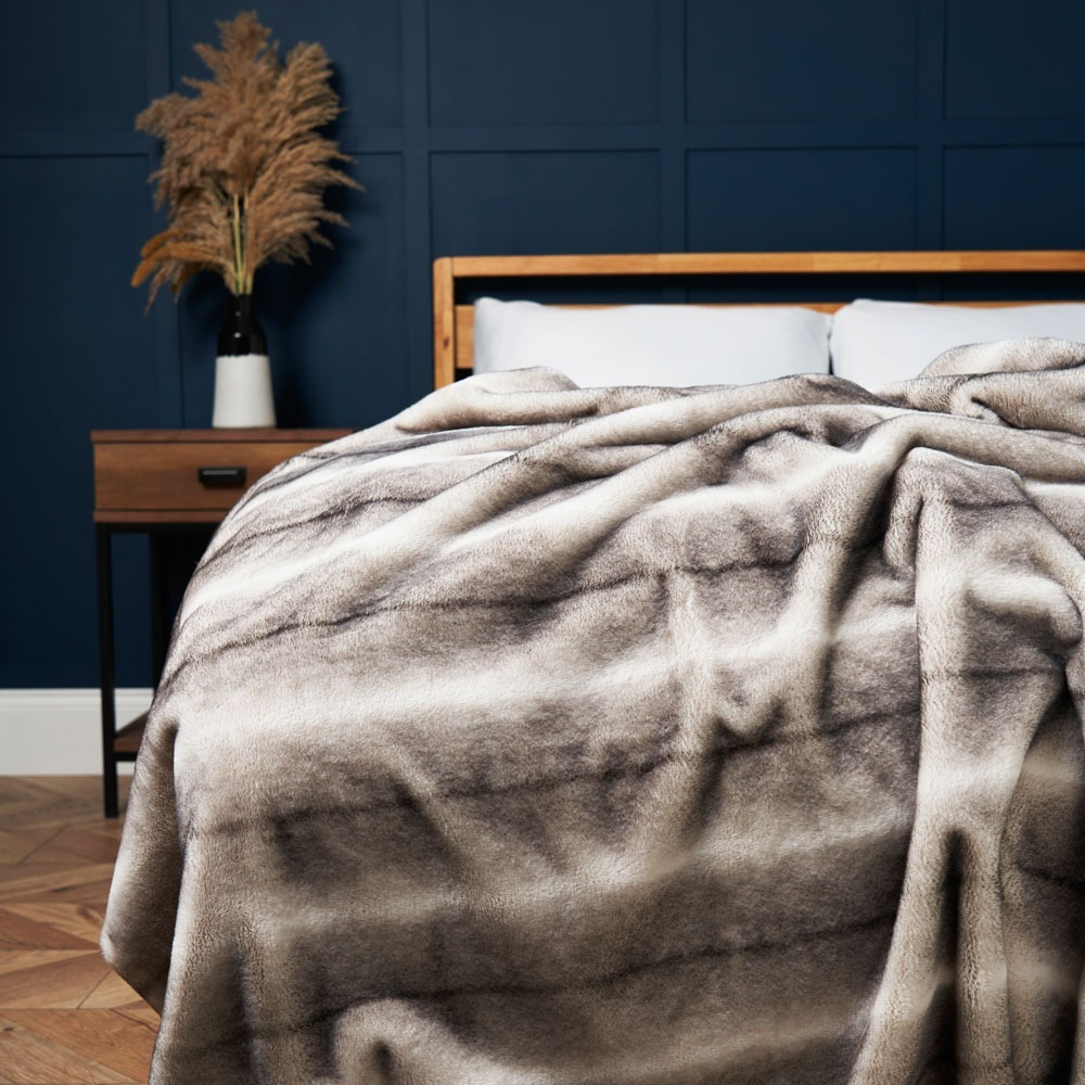 Faux Fur Throw with Stripe, Natural - image 1