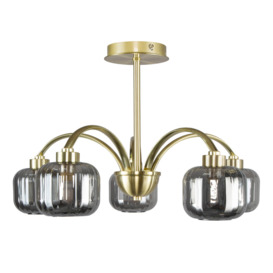 Lyna Large Semi Flush Ceiling Light with Smoked Glass Shades, Satin Brass