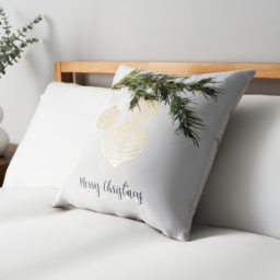 Christmas Bauble Cushion With Foil Design, Gold and Natural