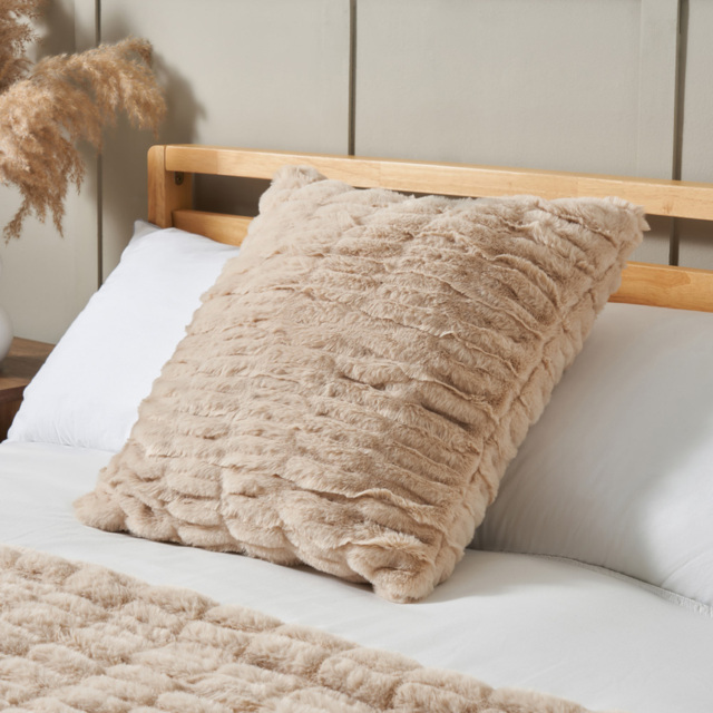 Ruched Faux Fur Cushion, Tan - image 1