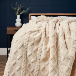 Cable Knit Throw with Sherpa Backing, Cream - thumbnail 1