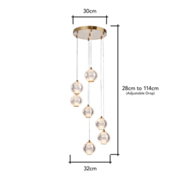 Rimi 7 Light LED Cluster Ceiling Pendant, Satin Brass - thumbnail 9