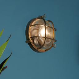 Mika Outdoor Caged Round Bulkhead Wall Light, Gold - thumbnail 4