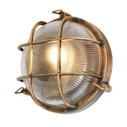 Mika Outdoor Caged Round Bulkhead Wall Light, Gold - thumbnail 1