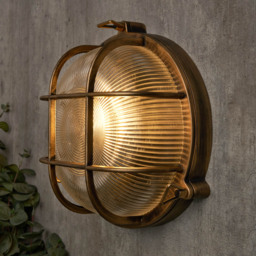Mika Outdoor Caged Round Bulkhead Wall Light, Gold - thumbnail 3
