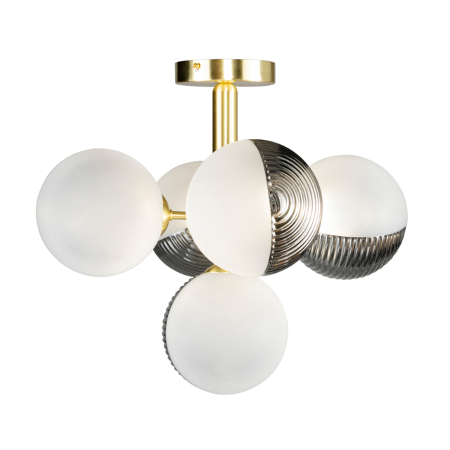 Emile Semi Flush Ceiling Light with Smoked and Opal Glass Shades, Satin Brass - image 1