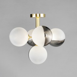 Emile Semi Flush Ceiling Light with Smoked and Opal Glass Shades, Satin Brass - thumbnail 4
