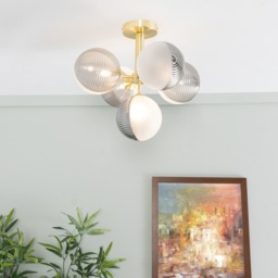 Emile Semi Flush Ceiling Light with Smoked and Opal Glass Shades, Satin Brass - thumbnail 3