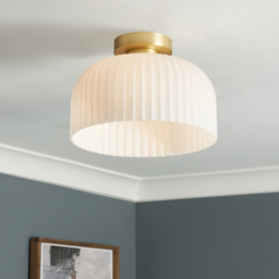 Binita Glass Ribbed Flush Ceiling Light, Opal & Brass - thumbnail 3