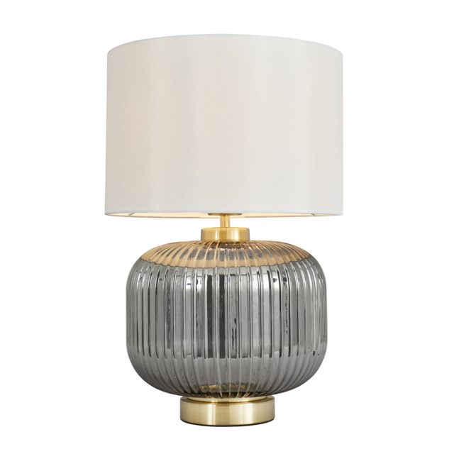 Lyna Table Lamp with Smoked Glass Base and White Shade, Satin Brass - image 1