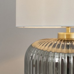 Lyna Table Lamp with Smoked Glass Base and White Shade, Satin Brass - thumbnail 6