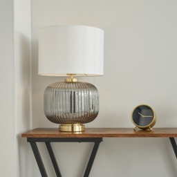 Lyna Table Lamp with Smoked Glass Base and White Shade, Satin Brass - thumbnail 3