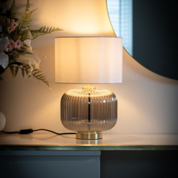 Lyna Table Lamp with Smoked Glass Base and White Shade, Satin Brass - thumbnail 3