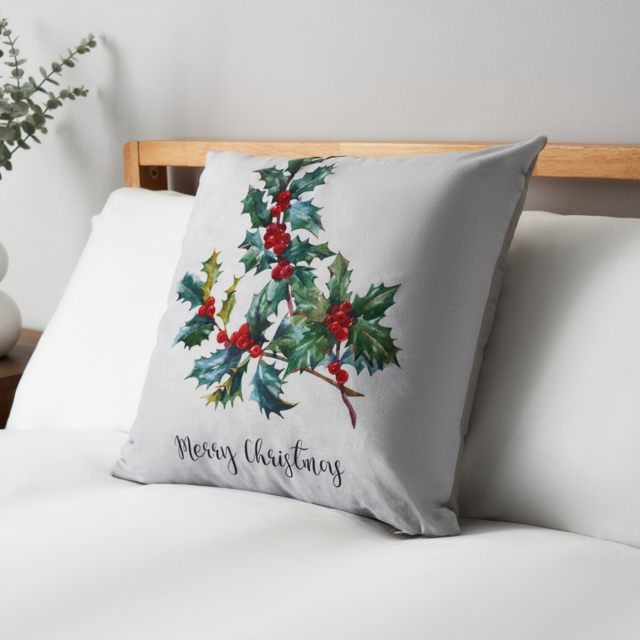 Christmas Holly Print Cushion, Natural - image 1
