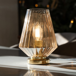 Poplar Small Vessel Table Lamp with Champagne Shade, Brass - thumbnail 3