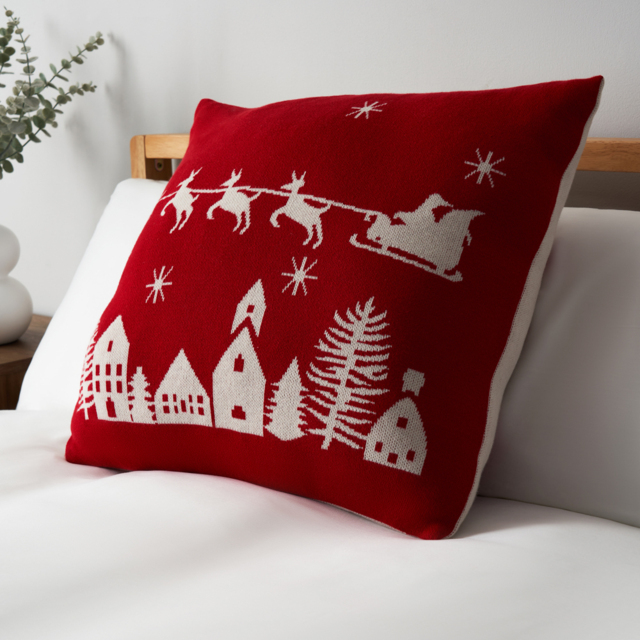 Father Christmas on Sleigh Reversible Cushion, Red and White - image 1