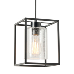 Hardy Cage Ceiling Pendant with Bubble Glass Shade, Matte Black - thumbnail 1