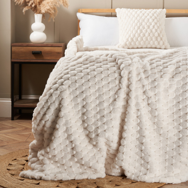 Honeycomb Faux Fur Throw, Cream - image 1