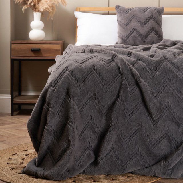 Chevron Faux Fur Throw, Charcoal - image 1