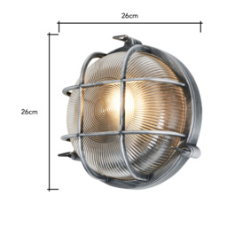 Mika Outdoor Caged Round Bulkhead Wall Light, Silver - thumbnail 7