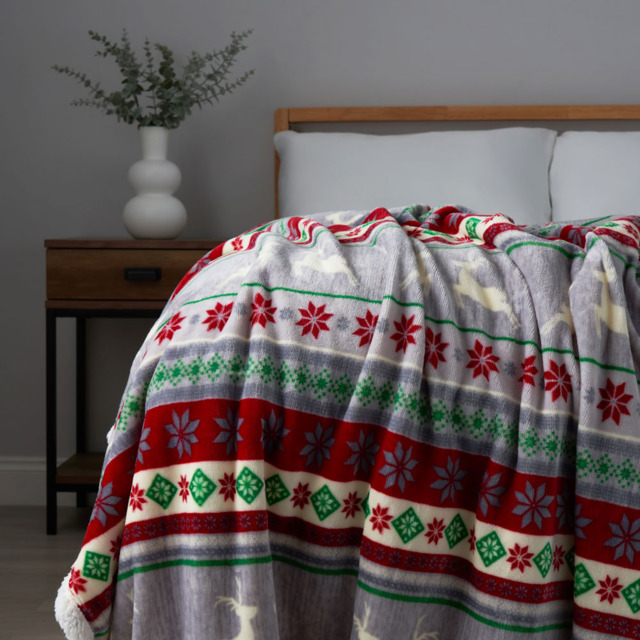 Christmas Stag Stripe Throw with Sherpa, Red & Green - image 1