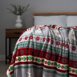 Christmas Stag Stripe Throw with Sherpa, Red & Green - thumbnail 1