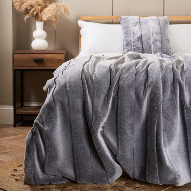 Faux Fur Stripe Cut Throw, Grey - image 1