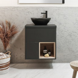 600mm Black Grey Wall Hung Vanity Unit with Oval Graphite Countertop Basin - With LED - Milano Bexley - thumbnail 2