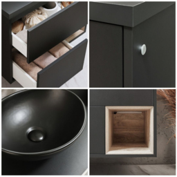600mm Black Grey Wall Hung Vanity Unit with Oval Graphite Countertop Basin - With LED - Milano Bexley - thumbnail 3