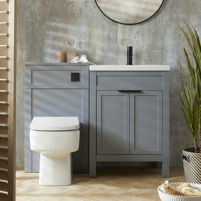 Milano Aston - Light Grey 600mm Traditional Vanity Unit with Basin and Modern Finger Pull Black Handles and WC Unit with Elswick Back to Wall Toilet