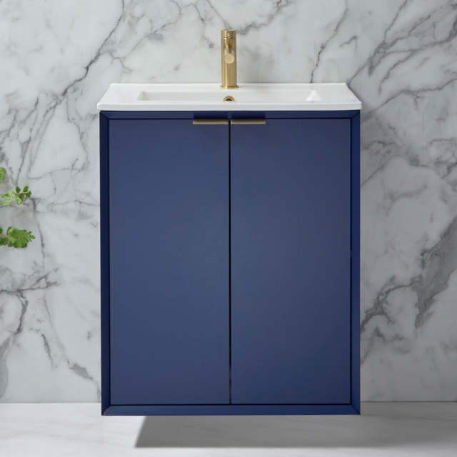 Milano Edge - Navy Blue 610mm Wall Hung Modern Vanity Unit with Basin and Brushed Brass Finger Pull Handles