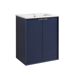 Modern 600mm Vanity Unit – Wall Mounted, Navy with Brushed Brass Handle - thumbnail 4