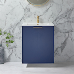 Modern 600mm Vanity Unit – Wall Mounted, Navy with Brushed Brass Handle - thumbnail 2