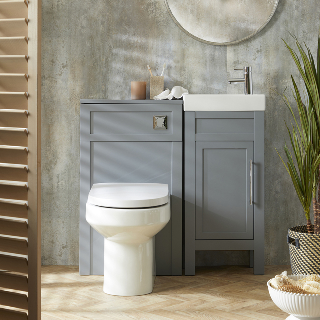 Milano Aston - Light Grey 400mm Traditional Vanity Unit with Basin, and Modern T-Bar Chrome Handle and WC Unit with Ballam Back to Wall Toilet