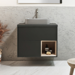 800mm Black Grey Wall Hung Vanity Unit with Rectangular Pebble Countertop Basin - With LED - Milano Bexley - thumbnail 2