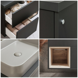 800mm Black Grey Wall Hung Vanity Unit with Rectangular Pebble Countertop Basin - With LED - Milano Bexley - thumbnail 3