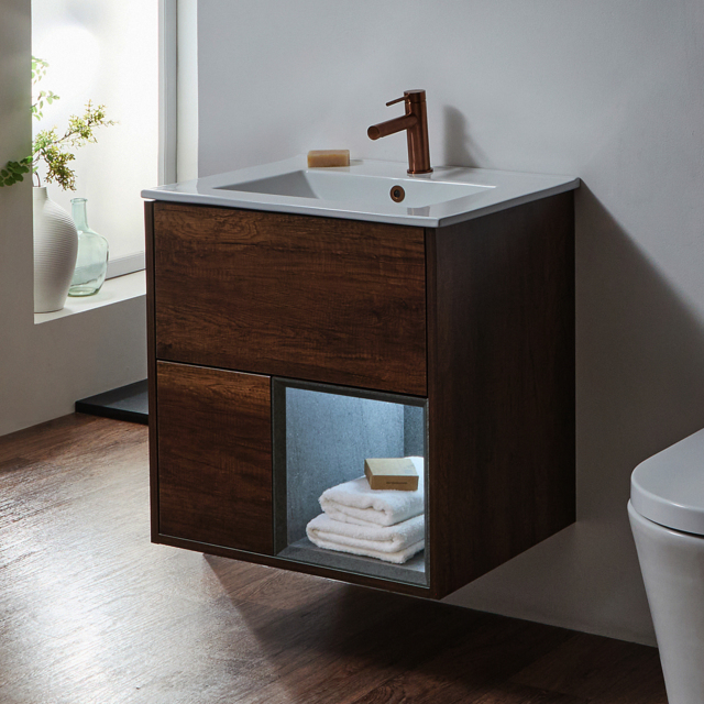 Milano Bexley - Dark Oak 610mm Wall Hung Open Shelf Vanity Unit with White Basin and LED Light