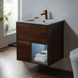 Milano Bexley - Dark Oak 610mm Wall Hung Open Shelf Vanity Unit with White Basin and LED Light