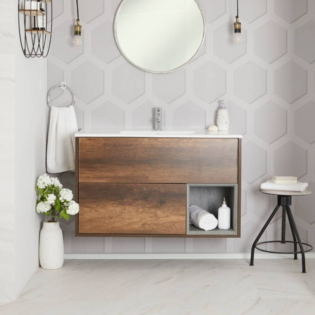 Milano Bexley - Dark Oak 1010mm Wall Hung Open Shelf Vanity Unit with Basin and LED Light
