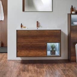 Dark Oak 1010mm Wall Hung Open Shelf Basin Vanity Unit And LED Light Milano Bexley
