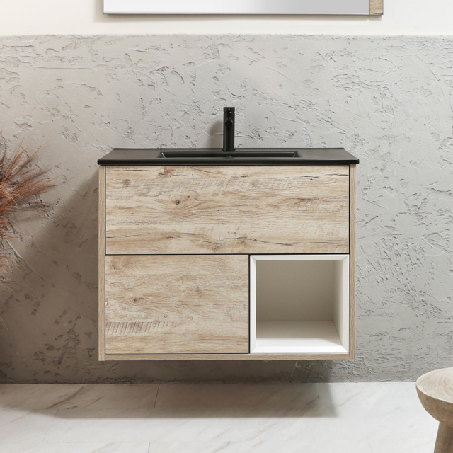 Milano Bexley - 812mm Wall Hung Light Oak Open Shelf Vanity Unit with Graphite Basin