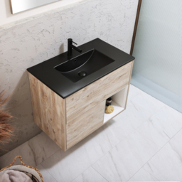 800mm Light Oak Wall Hung Vanity Unit with Graphite Basin - No LED - Milano Bexley - thumbnail 3