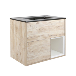 800mm Light Oak Wall Hung Vanity Unit with Graphite Basin - No LED - Milano Bexley - thumbnail 5