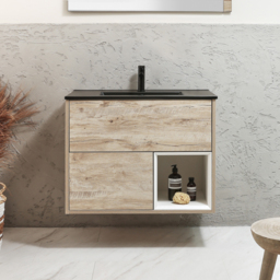800mm Light Oak Wall Hung Vanity Unit with Graphite Basin - No LED - Milano Bexley - thumbnail 2